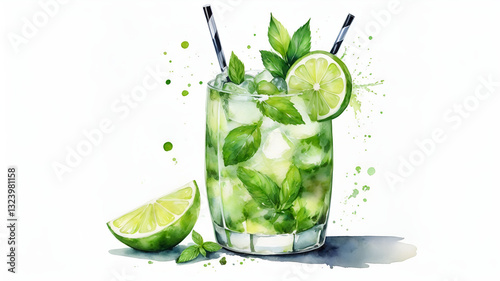 Hand-Painted Watercolor Illustration of a Mojito Cocktail, Isolated on White Background