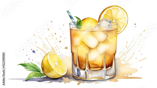 Hand-Painted Watercolor Illustration of a Whiskey Sour Cocktail, Isolated on White Background