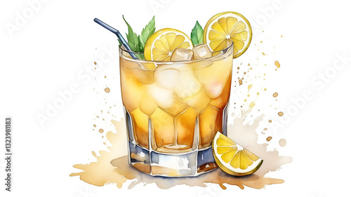 Hand-Painted Watercolor Illustration of a Whiskey Sour Cocktail, Isolated on White Background