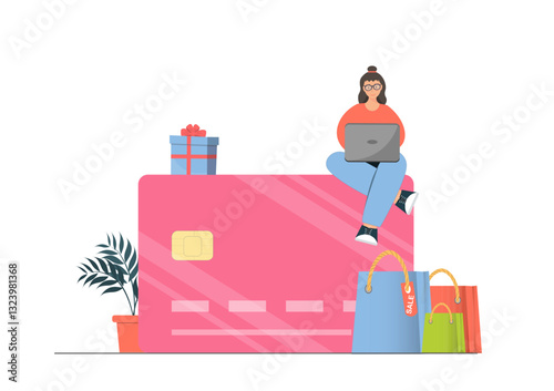 Woman doing online shopping via internet, Credit card or contactless payment concept, using laptop for online payment, flat vector illustration
