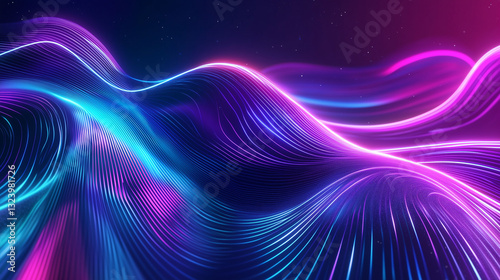 Glowing neon lines form abstract waves in vibrant purple and blue hues. Digital art depicting a dynamic, flowing, energyfilled landscape. photo