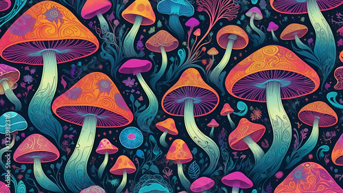 Vibrant Magic Mushrooms with Psychedelic Hallucinations in 60s Hippie Style, Boho Texture, and Trippy Seamless Pattern. 