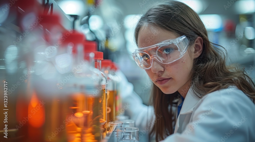 Focused teen scientist examining beakers in lab Focused teen scientist examining beakers in lab