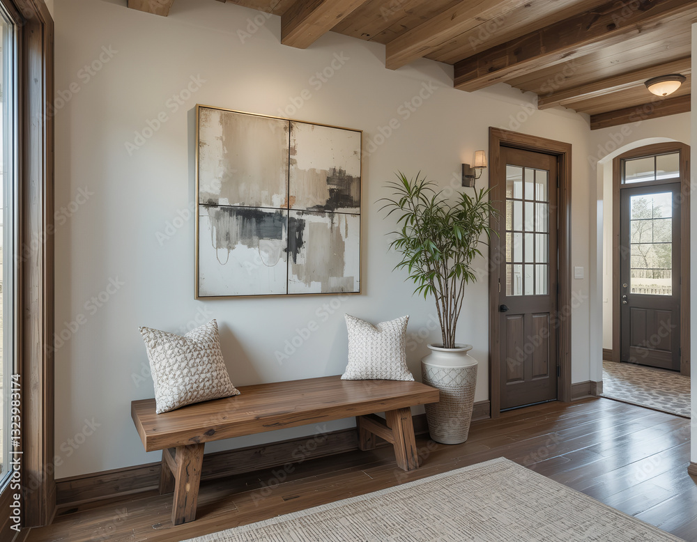 Fototapeta premium farmhouse, rustic interior home design of modern hall, home, rustic entryway with wooden bench, neutral decor, textured cushion, and abstract art in a warm, welcoming space 
