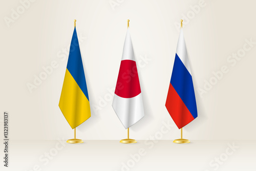 Diplomatic Meeting Representation, Ukraine, Japan and Russia Flags. Flags on Diplomatic Stands.