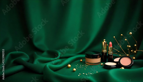 Dark emerald green silk satin fabric backdrop. Product space. Drapery. Show mockup presentation fashion show podium display . Beauty luxury festive cosmetics perfume, created with generative ai