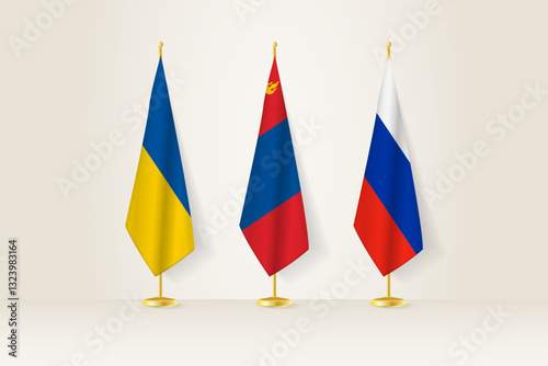 Diplomatic Meeting Representation, Ukraine, Mongolia and Russia Flags. Flags on Diplomatic Stands.
