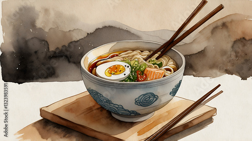 Hand-Drawn Watercolor Illustration of a Ramen Bowl