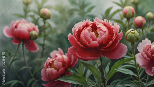 Red Peony Flower Blooming in a Hand-Painted Watercolor Illustration