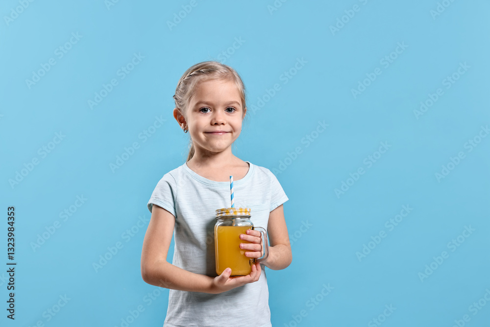 Girl with mason jar of orange juice on light blue background, space for text. Refreshing drink