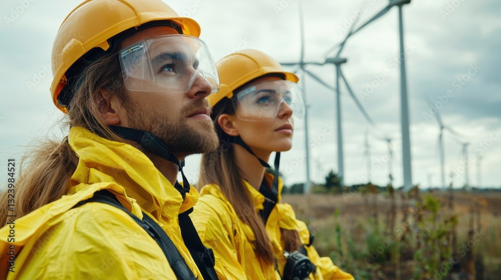Two engineers are inspecting wind turbines in a rural setting, emphasizing sustainable energy solutions.