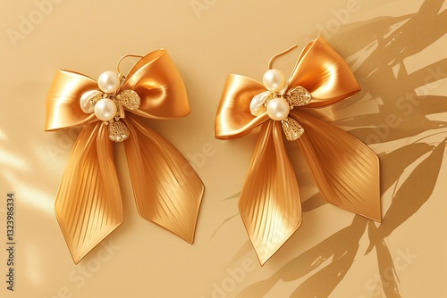  Elegant golden bow earrings with pearl beads isolated on orange background, minimalist jewelry concept for high-end brand lookbooks or cosmetic line packaging. Professional color grading highlights i