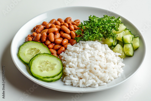 Saturated photo. Plate with vegan food on a white table. In the plate there are portioned beans, sliced pieces of avocado, rice, cucumber slices. 