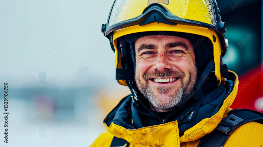 Fototapeta premium A man wearing a yellow helmet and goggles smiles at the camera