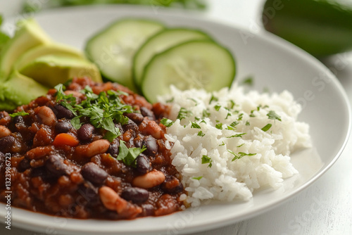 Saturated photo. Plate with vegan food on a white table. In the plate there are portioned beans, sliced pieces of avocado, rice, cucumber slices. 