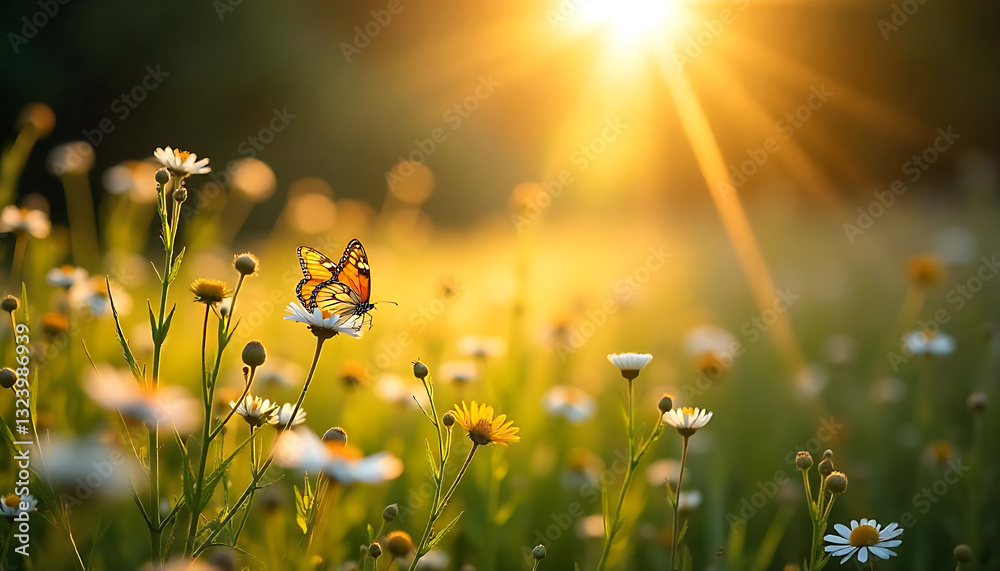 Fototapeta premium Ethereal Summer Meadow in Full Bloom, Sunlit Beauty & Fluttering Butterflies, created with generative ai