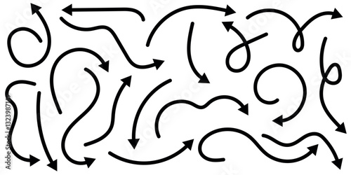 Hand drawn arrow set. Lines, hand drawn black arrows in various styles.Simple hand drawn black arrows pack. Simple lines hand drawn black arrows. Various simple lines arrows collection. Hand-drawn bla