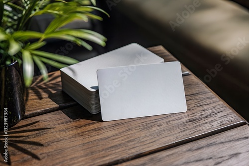 Minimalist business card mockup with rounded corners on a rustic wooden table. Blank white design for branding or corporate identity. Natural lighting enhances the realistic presentation.