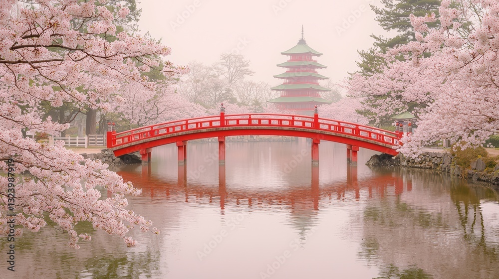 Fototapeta premium Tranquil cherry blossom scene with a red bridge and pagoda