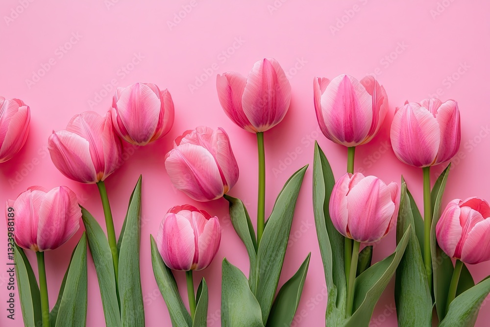 Pink tulips arranged on a pastel pink background Pink tulips arranged on a pastel pink background
