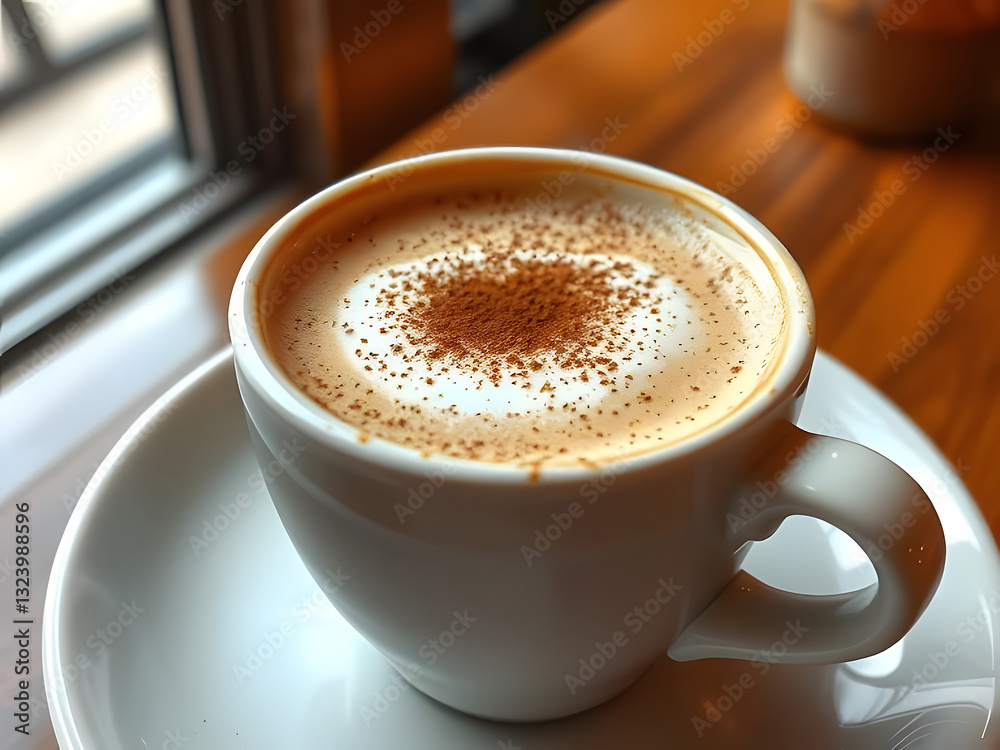 Creamy Cinnamon Cappuccino in White Mug on Saucer, Coffee Shop Table, Cozy Beverage, Breakfast Drink. Creamy Cinnamon Cappuccino in White Mug on Saucer, Coffee Shop Table, Cozy Beverage, Breakfast Drink.
