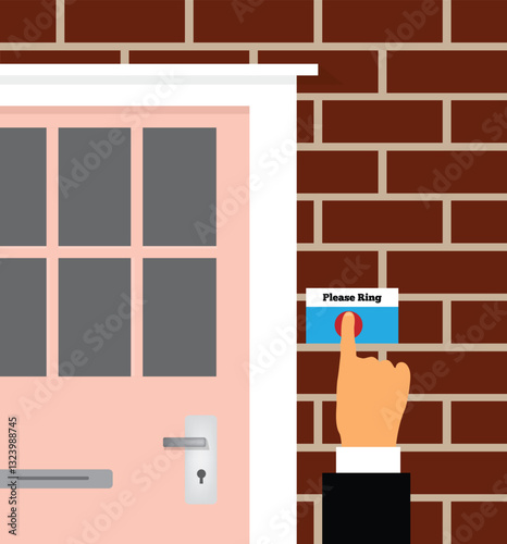 Hand of Business Man or Sales Agent Ringing a Doorbell. Apartment or house visitor vector art