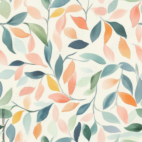 a watercolor composition of simplified leaf motifs in pastel tones of sage green, peach, arranged in a flowing pattern