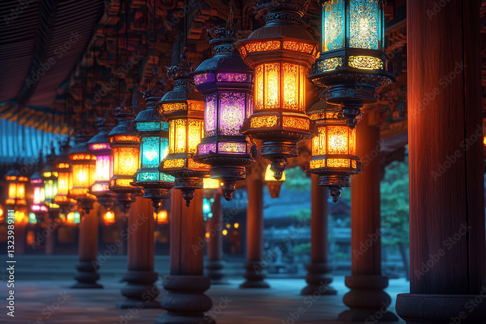 Obraz premium Inside a grand temple hall, rows of colorful lanterns hang from the ceiling, their vibrant hues illuminating the intricately carved wooden pillars and beams.