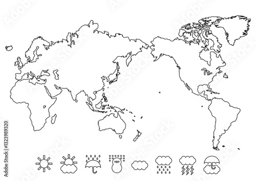 世界地図（日本中心）と天気記号アイコンのイラスト（黒ライン）