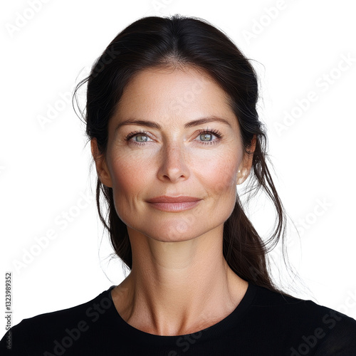 portrait of beautiful caucasian woman 40-50 years old with dark hair and well-groomed skin, isolate on transparent background