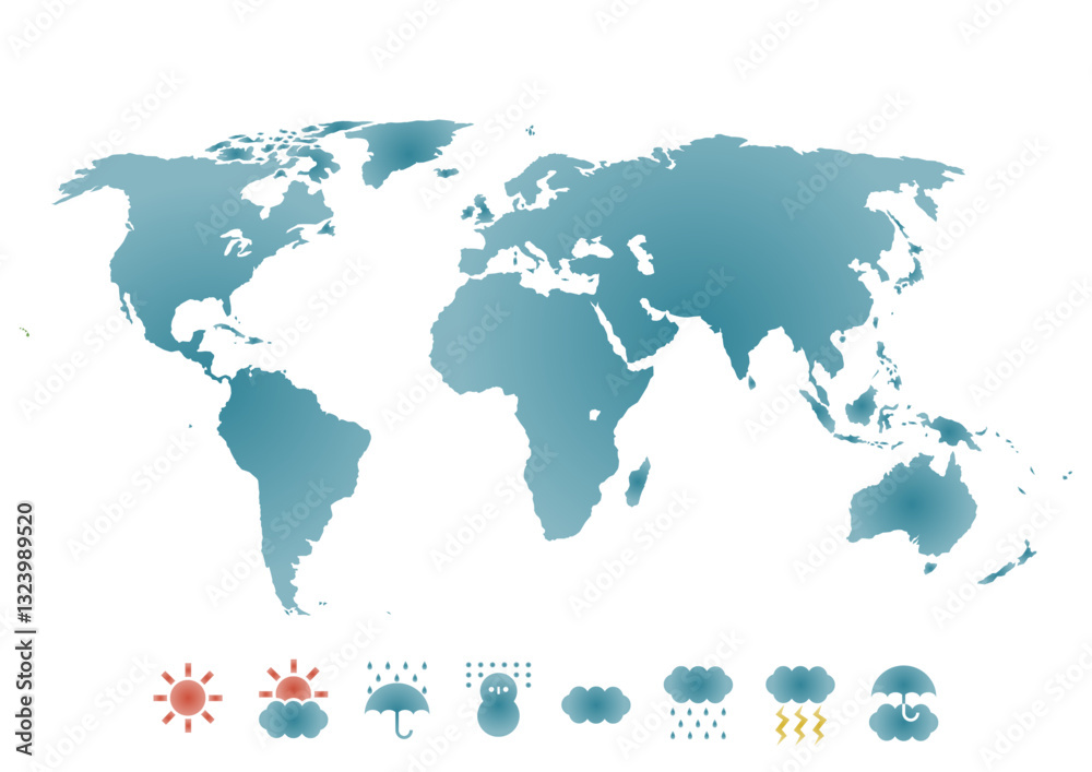 Obraz premium 世界地図と天気記号アイコンのイラスト