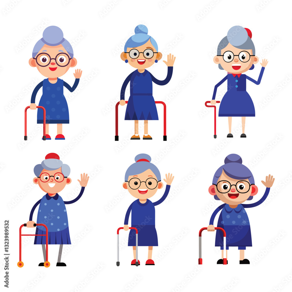 Elderly Woman Cartoon Character Set with Walking Cane Elderly Woman Cartoon Character Set with Walking Cane
