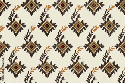 Seamless ethnic ikat pattern featuring tribal and folk embroidery combined with Mexican Aztec geometrics. Perfect for graphic art, rug design, wallpaper, wrapping and clothing.