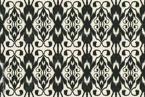 Seamless ethnic ikat pattern featuring tribal and folk embroidery combined with Mexican Aztec geometrics. Perfect for graphic art, rug design, wallpaper, wrapping and clothing.