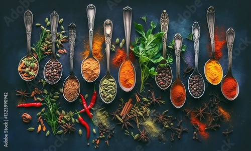 Assortment of colorful spices and herbs in metal spoons arranged on dark background, flat lay composition highlighting intricate textures and vibrant hues. Includes cumin, turmeric, chili, star anise,