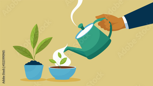 Carefully pouring the hot water over the tea leaves allowing them to awaken and release their flavor.. Vector illustration