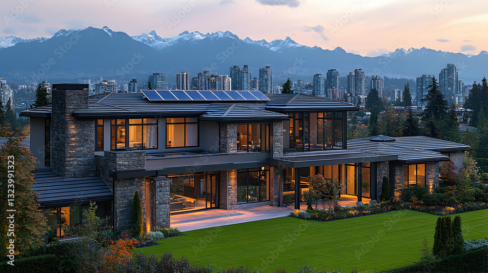 Modern home overlooking city and mountains Modern home overlooking city and mountains