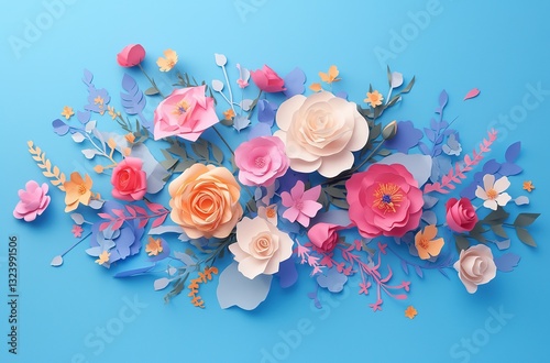 Abstract flat lay of oversized paper flowers in rainbow colors on minimalist blue surface, spring-themed composition with daisies and wildflowers for social media banners or branding material visuals.