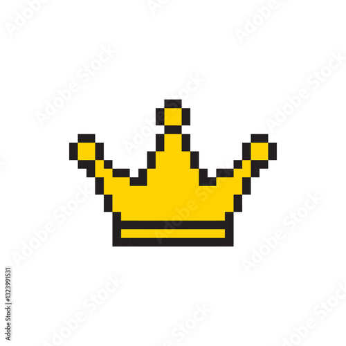 Crown vector icon. Pixel art design. Yellow royal symbol. Black outline detail.