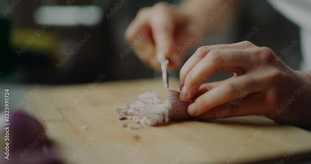 Cutting Onion On Wooden Board Into Small Cubes Chopping Onion Cutting Onion On Wooden Board Into Small Cubes Chopping Onion