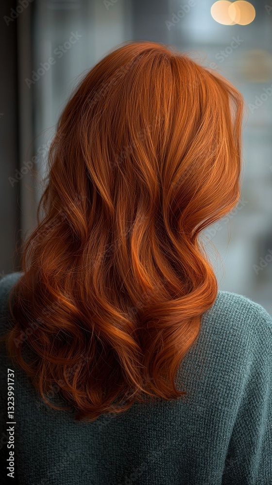 Naklejka premium Vibrant red tresses cascading in a cozy caf setting