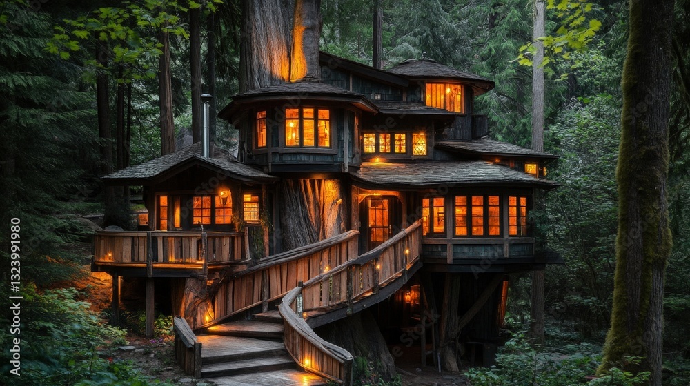 Obraz premium A cozy wooden home built into a giant tree, its windows twinkling like fireflies in the night