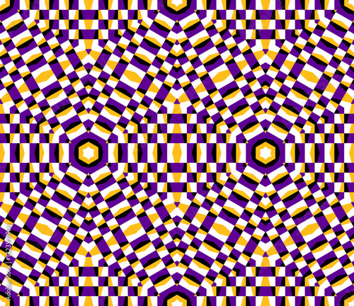 Complex geometric illusion pattern with a checkered effect in purple, yellow, and white. Great for textiles, branding, and digital art projects.