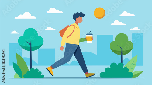 An employee taking a refreshing walk outside during a physical activity break enjoying some fresh air and vitamin D.. Vector illustration
