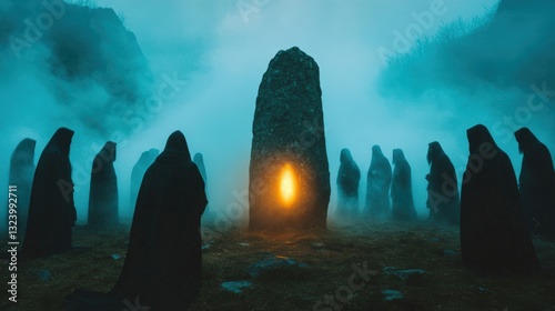 Hooded figures gather around a glowing monolith in a misty landscape, evoking mystery and ancient rituals