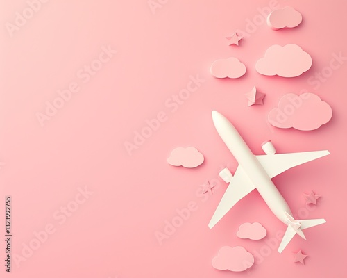 Stylized white paper airplane with 3D layered wings flying over cotton-like clouds on blush pink background, minimalist paper art with charming kawaii aesthetic. Versatile design for kids' room wall a