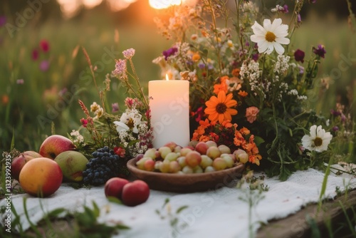 A rustic picnic setting with fresh fruit, wildflowers, and candles in a meadow at sunset, evoking warmth and tranquility