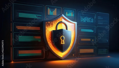 Endpoint protection threat prevention concept. A digital shield with a lock symbolizes cybersecurity, surrounded by data visualizations, representing protection and security in the digital realm.