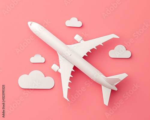 White 3D paper airplane soaring among fluffy clouds on soft pink gradient background, minimalist paper art with clean lines and whimsical cute aesthetic. Handcrafted origami-style aviation concept for