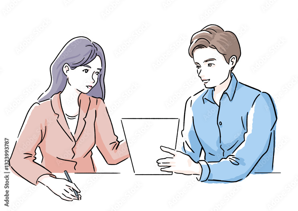 Business Meeting – Male and Female Colleagues Discussing with Paper Documents Business Meeting – Male and Female Colleagues Discussing with Paper Documents